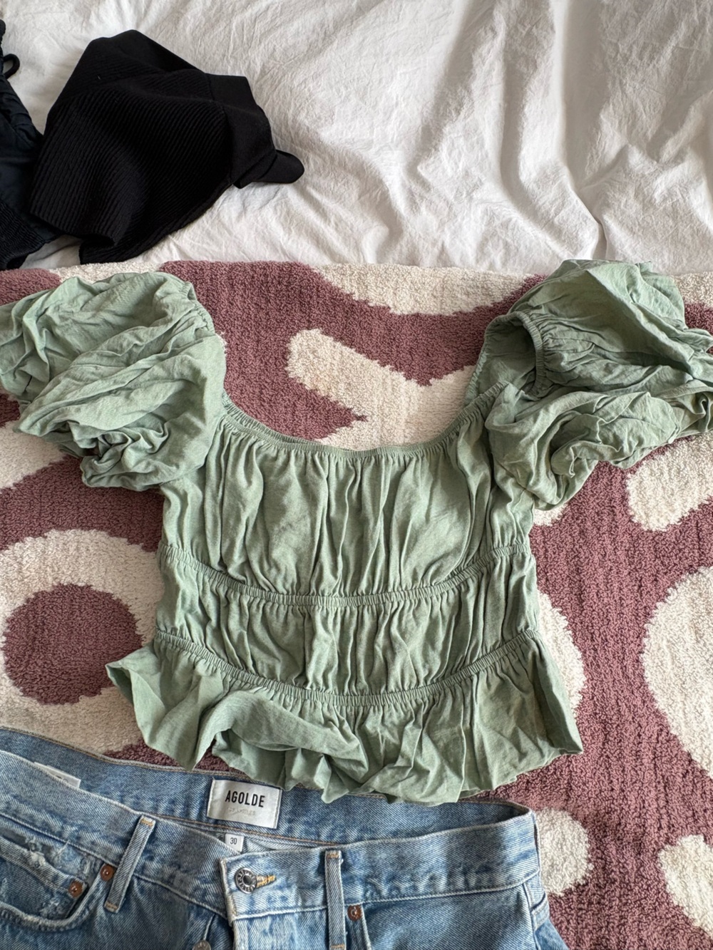 Cotton Candy Sage Green Puff Sleeve Smocked Top